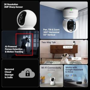 Qubo Smart Home Security Cam 360° 3MP 2K | Made in India | Wi-Fi CCTV Camera | NightPulse Vision | Mobile App | Two-Way Talk | SD Card & Cloud Storage | Alexa & OK Google | Hero Group