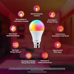 Wipro Alexa 9W Smart Bulb | Works with Alexa only | Simple Set Up with Alexa App | Color Changing | Dimmable | 2.4 GHz Wi-Fi, Pack of 1| b22d| LED