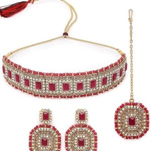 Decent Traditional Green Kundan & Beads Studded Choker Necklace Set For Women