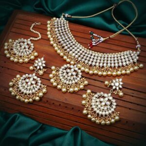 Trendy Kundan Gold Plated Pearl Choker Necklace Set with Dangler Earrings & Maangtikka for Women & Girls